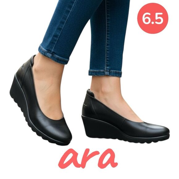 ara Women's High Soft Half Sacchetto Leather Wedge Pump Black Size 6.5 Comfort - Picture 1 of 11